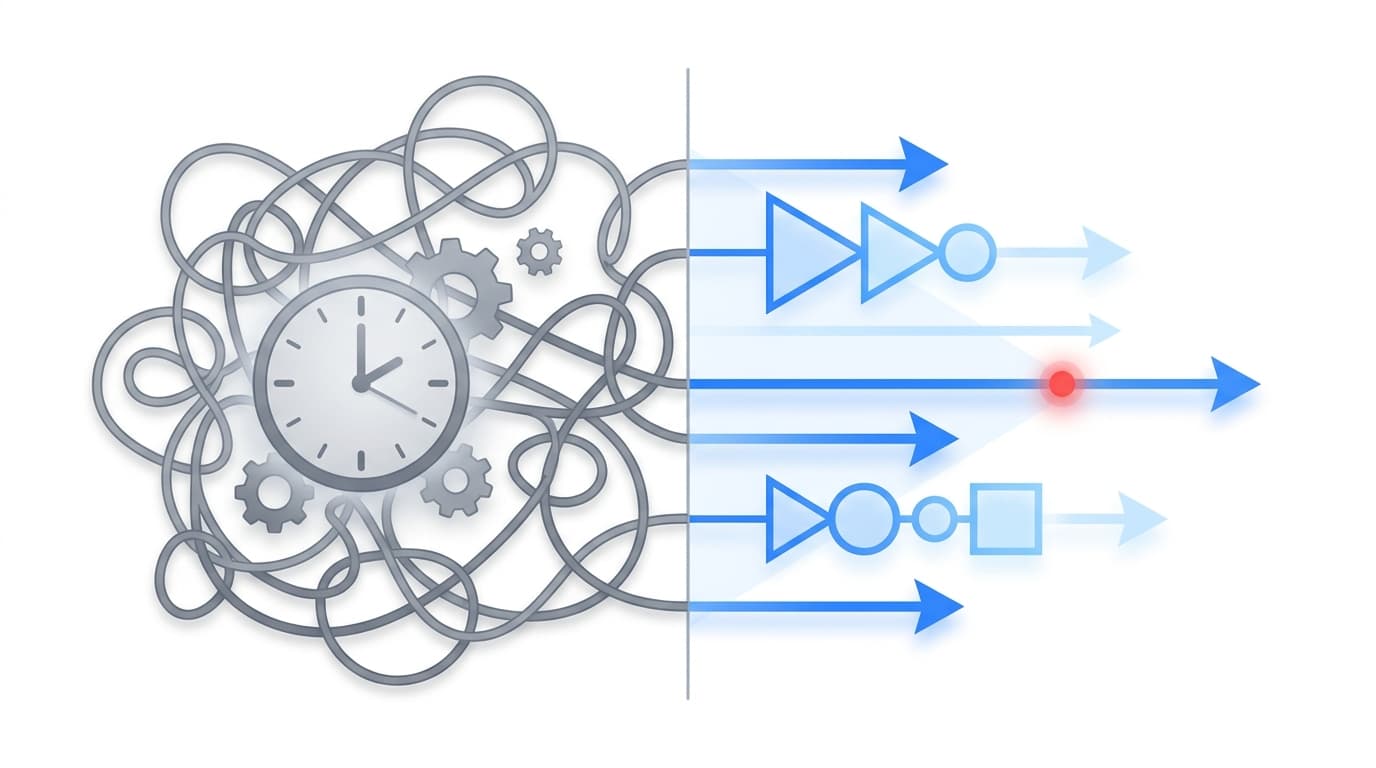 Visual comparison — tangled slow traditional development on the left vs streamlined AI-powered development on the right