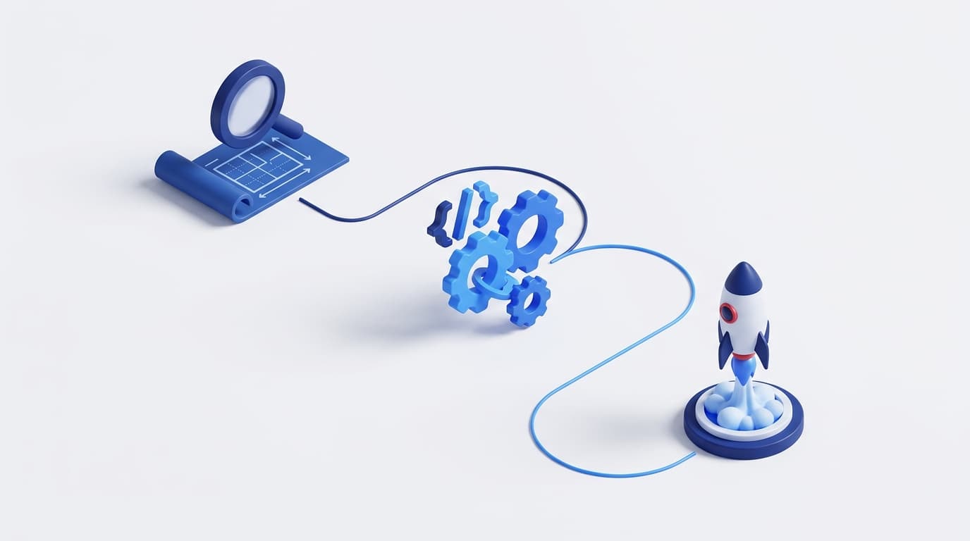 Three-stage AI Pipeline: Discovery, Build, and Launch connected by flowing data lines