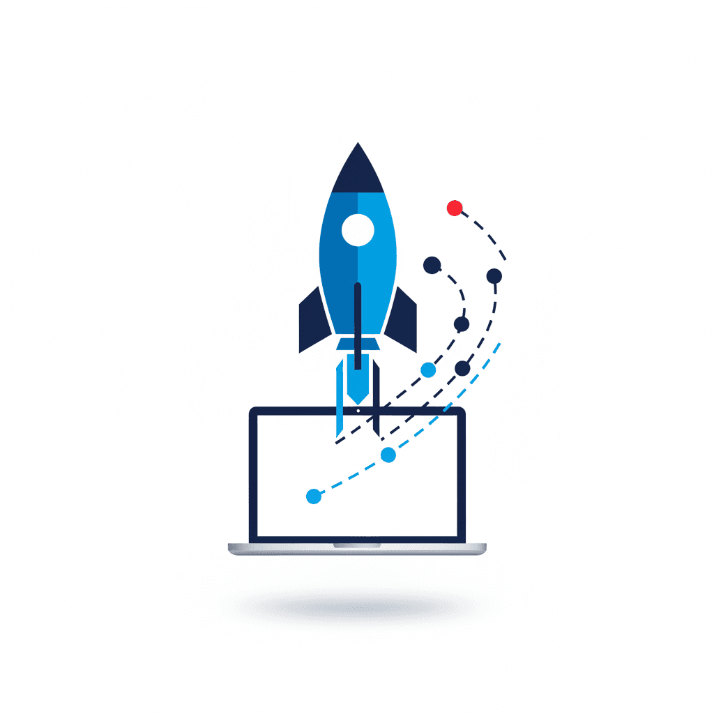 Rocket launching from laptop — rapid MVP development powered by AI