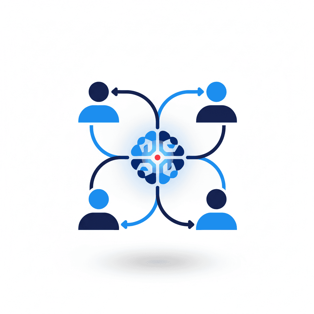 Collaborative AI team — geometric figures connected to central AI node